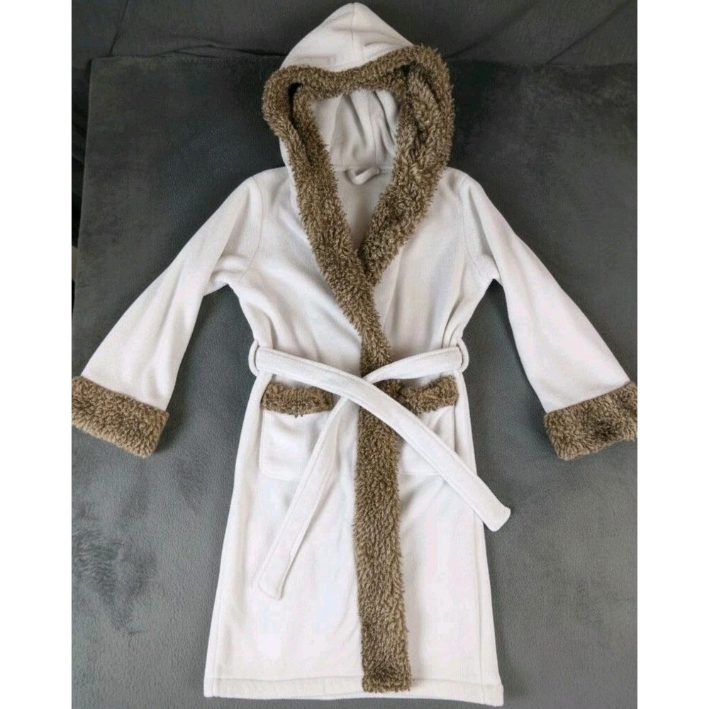 Pottery Barn‎ Robe Ivory Ombre Plush Faux Fur Trim Hooded Spa Bath Large cozy